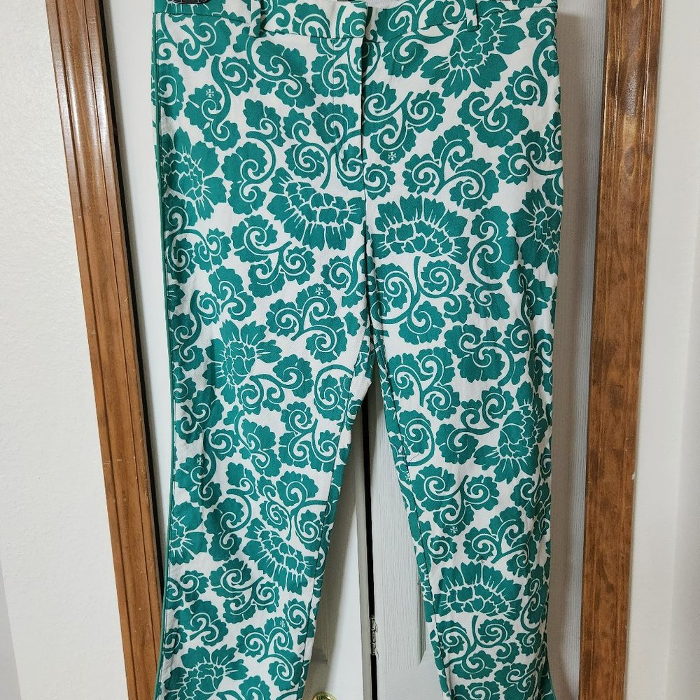 TORY BURCH ~ Walton Printed Pants ~ Size 8 ~ Turquoise and White ~ EUC